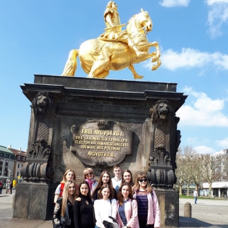 Language students at the Golden Rider in Dresden's Neustadt